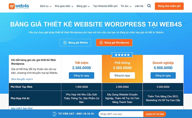 Bảng giá làm website WordPress tại Web4s